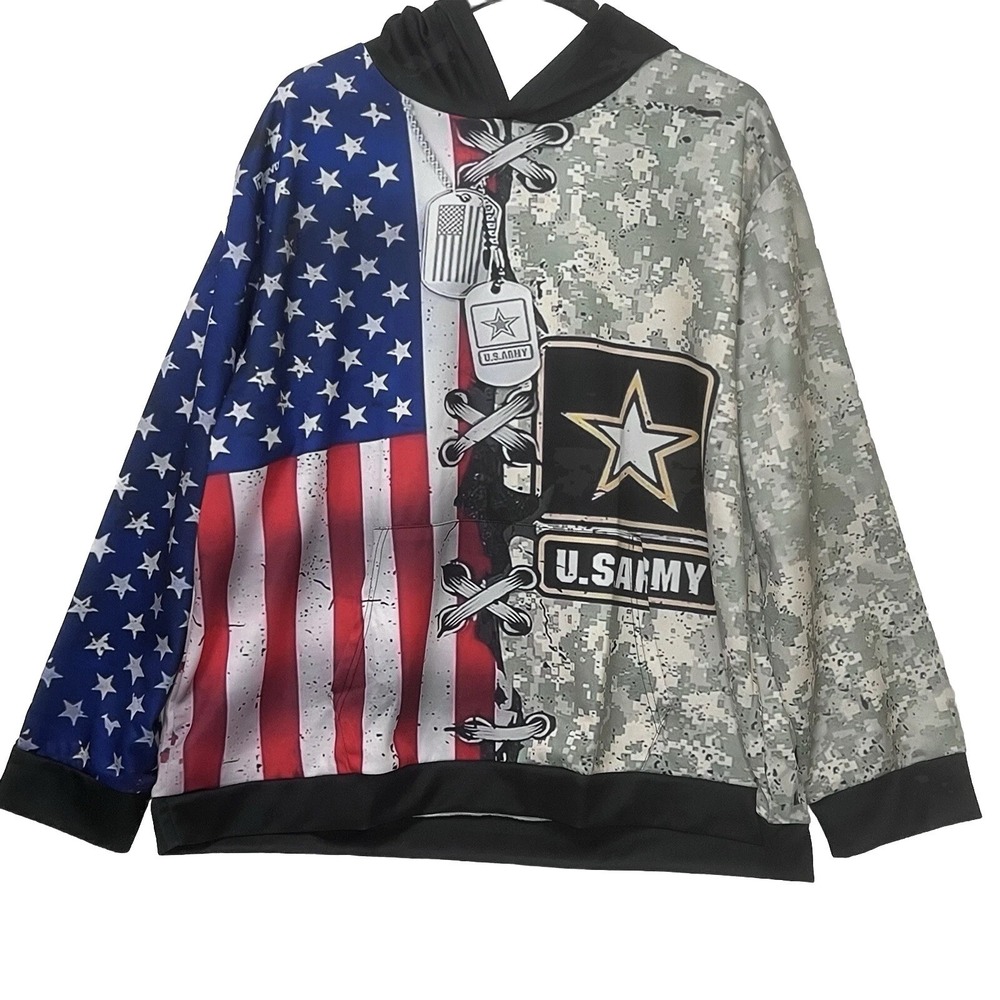 United States Army Flag Camo Pullover Hoodie Lightweight Patriotic Men Size 4XL